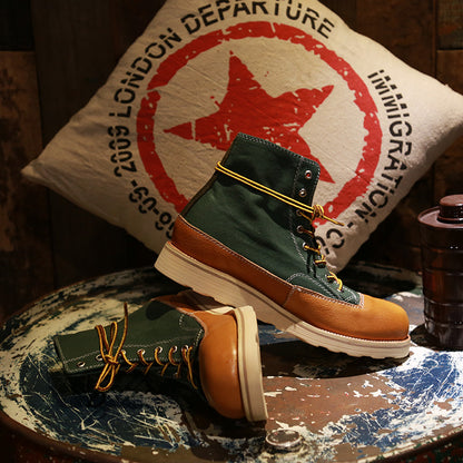 Vintage Leather Platform Handmade Canvas Short Boots